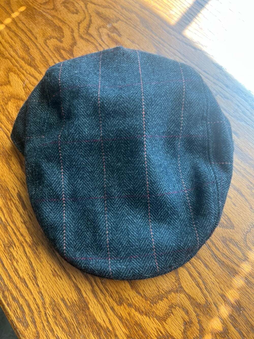 Charcoal Grey Plaid Herringbone Wool Flat Cap Newsboy Hat